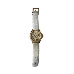 Anne Klein Womens Floral Dial Gold-Tone Watch With White Leather Strap & Crystal